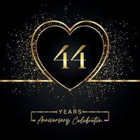 44 Jahre Jubiläumsfeier mit Goldherz und Goldglitter auf schwarzem Hintergrund. Vektordesign für Gruß, Geburtstagsfeier, Hochzeit, Eventparty. 44 Jahre Jubiläumslogo vektor