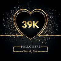 Danke 39.000 oder 39.000 Follower mit Herz und Goldglitter isoliert auf schwarzem Hintergrund. Grußkartenvorlage für Freunde und Anhänger sozialer Netzwerke. Danke, Follower, Leistung. vektor