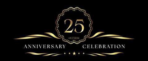 25 Jahre Jubiläumsfeier mit goldenem Zierrahmen isoliert auf schwarzem Hintergrund. vektordesign für grußkarte, geburtstagsfeier, hochzeit, eventparty, zeremonie. Logo zum 25-jährigen Jubiläum. vektor