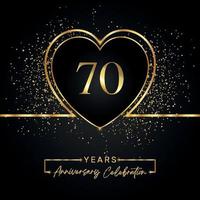 70 Jahre Jubiläumsfeier mit Goldherz und Goldglitter auf schwarzem Hintergrund. Vektordesign für Gruß, Geburtstagsfeier, Hochzeit, Eventparty. Logo zum 70-jährigen Jubiläum vektor
