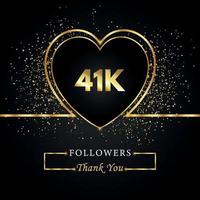 Danke 41.000 oder 41.000 Follower mit Herz und Goldglitter isoliert auf schwarzem Hintergrund. Grußkartenvorlage für Freunde und Anhänger sozialer Netzwerke. Danke, Follower, Leistung. vektor