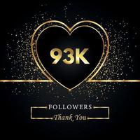tack 93k eller 93 tusen följare med hjärta och guldglitter isolerad på svart bakgrund. gratulationskort mall för sociala nätverk vänner och följare. tack, följare, prestation. vektor