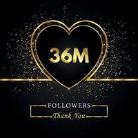 Danke 36 Millionen oder 36 Millionen Follower mit Herz und Goldglitter isoliert auf schwarzem Hintergrund. Grußkartenvorlage für Freunde und Anhänger sozialer Netzwerke. Danke, Follower, Leistung. vektor