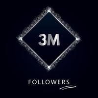 3m mit silbernem Glitter isoliert auf marineblauem Hintergrund. Grußkartenvorlage für Likes, Abonnenten, Feiern, Freunde und Follower in sozialen Netzwerken. 3 Millionen Follower vektor