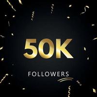 50k eller 50 tusen följare med guldkonfetti isolerad på svart bakgrund. gratulationskort mall för sociala nätverk vänner och följare. tack, följare, prestation. vektor