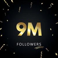9m eller 9 miljoner följare med guldkonfetti isolerad på svart bakgrund. gratulationskort mall för sociala nätverk vänner och följare. tack, följare, prestation. vektor