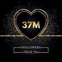 tack 37m eller 37 miljoner följare med hjärta och guldglitter isolerat på svart bakgrund. gratulationskort mall för sociala nätverk vänner och följare. tack, följare, prestation. vektor