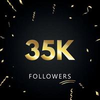 35.000 oder 35.000 Anhänger mit goldenem Konfetti isoliert auf schwarzem Hintergrund. Grußkartenvorlage für Freunde und Anhänger sozialer Netzwerke. Danke, Follower, Leistung. vektor