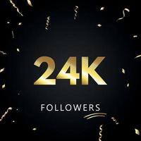 24k eller 24 tusen följare med guldkonfetti isolerad på svart bakgrund. gratulationskort mall för sociala nätverk vänner och följare. tack, följare, prestation. vektor