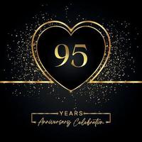 95 års jubileumsfirande med guldhjärta och guldglitter på svart bakgrund. vektordesign för hälsning, födelsedagsfest, bröllop, evenemangsfest. 95 års jubileumslogga vektor