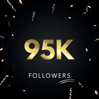 95k eller 95 tusen följare med guldkonfetti isolerad på svart bakgrund. gratulationskort mall för sociala nätverk vänner och följare. tack, följare, prestation. vektor