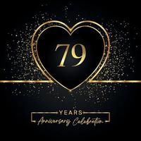 79 Jahre Jubiläumsfeier mit Goldherz und Goldglitter auf schwarzem Hintergrund. Vektordesign für Gruß, Geburtstagsfeier, Hochzeit, Eventparty. 79 Jahre Jubiläumslogo vektor