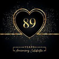 89 års jubileumsfirande med guldhjärta och guldglitter på svart bakgrund. vektordesign för hälsning, födelsedagsfest, bröllop, evenemangsfest. 89 års jubileumslogga vektor