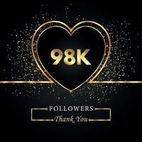 Danke 98.000 oder 98.000 Follower mit Herz und Goldglitter isoliert auf schwarzem Hintergrund. Grußkartenvorlage für Freunde und Anhänger sozialer Netzwerke. Danke, Follower, Leistung. vektor