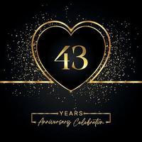 43 Jahre Jubiläumsfeier mit Goldherz und Goldglitter auf schwarzem Hintergrund. Vektordesign für Gruß, Geburtstagsfeier, Hochzeit, Eventparty. 43 Jahre Jubiläumslogo vektor