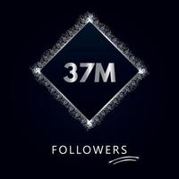 37m med silverglitter isolerat på en marinblå bakgrund. gratulationskortmall för sociala nätverk som gillar, prenumeranter, firande, vänner och följare. 37 miljoner följare vektor