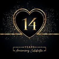 14 års jubileumsfirande med guldhjärta och guldglitter på svart bakgrund. vektordesign för hälsning, födelsedagsfest, bröllop, evenemangsfest. 14 års jubileumslogga vektor