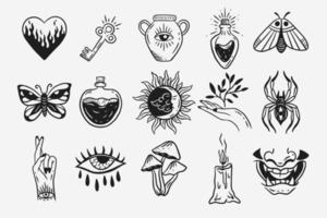 set sammlung mystisch himmlisch dunkel heilig einfach minimalismus tattoo clipart symbol raum gekritzel esoterisch elemente vintage illustration vektor