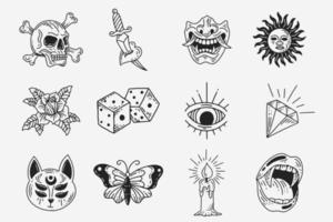 set sammlung mystisch himmlisch dunkel heilig einfach minimalismus tattoo clipart symbol raum gekritzel esoterisch elemente vintage illustration vektor