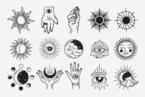 set samling mystiska himmelska mörk helig enkel minimalism tatuering clipart symbol utrymme doodle esoteriska element vintage illustration vektor