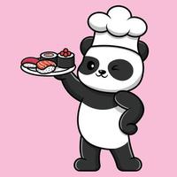 niedlicher kochpanda, der sushi-cartoon-vektor-symbol-illustration hält. Tierfutter-Icon-Konzept isolierter Premium-Vektor. vektor