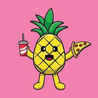 söt ananas håller pizza och läsk tecknad vektor ikonillustration. mat och dryck ikon koncept isolerade premium vektor.