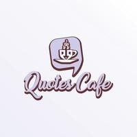 zitiert Café-Logo-Design-Vorlage, rufen Sie das Logo-Konzept auf, grauer, brauner, weißer Hintergrund, Kaffeetassen-Symbol, Anführungszeichen-Element vektor