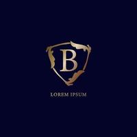 Buchstabe b alphabetische Logo-Designvorlage. luxus metallic gold sicherheitslogokonzept. dekorative florale Schildzeichenillustration isoliert auf marineblauem Hintergrund. vektor