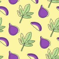 seamless mönster med sommar tropisk frukt med blad. exotisk frukt fikon. hela och skivor av frukt. vektor illustration i linjär stil med färgade fläckar