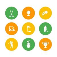 Golfsymbole, Golfschläger, Golfspieler, Golfspieler, Golftasche, Golfzeichen, runde Symbole auf Weiß, Vektorillustration vektor