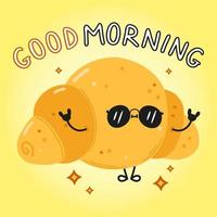 söt rolig croissant god morgon-kort. vektor handritad tecknad kawaii karaktär illustration ikon. isolerad på gul bakgrund. croissant karaktär koncept