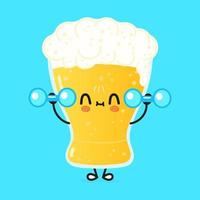 süßes lustiges glas biercharakter mit hanteln. vektor hand gezeichnete karikatur kawaii charakter illustration symbol. isoliert auf blauem Hintergrund. glas bier charakter gym konzept