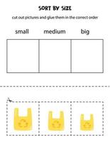 Bilder nach Größe sortieren. pädagogisches Arbeitsblatt für Kinder. vektor