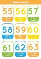 Zahlenkarten von 55 bis 63 lernen. Bunte Karteikarten. vektor