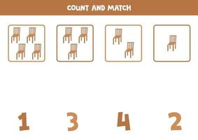 Zählspiel für Kinder. Zähle alle Holzstühle und verbinde sie mit Zahlen. Arbeitsblatt für Kinder. vektor