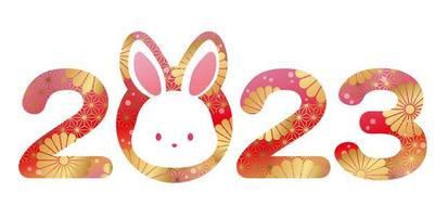 das jahr 2023, jahr des kaninchens, logo verziert mit japanischen vintage-mustern und einem süßen kaninchengesicht. vektor