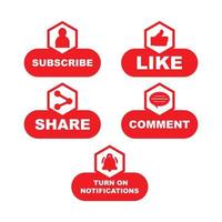 prenumerera knappsamling med flera former för sociala medier. röd knappsamling med gilla, kommentera och dela ikon. metallisk röd färg sociala medier knappsamling. vektor