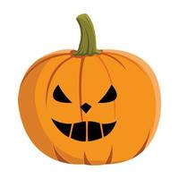 Kürbisdesign mit gruseligen Augen und Mund für Halloween-Event mit oranger und grüner Farbe. rundes kürbislaternendesign mit lächelndem gesicht auf weißem hintergrund für halloween. vektor