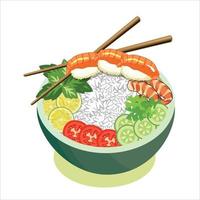 Pfannensalat mit Sushi und Garnelen in einer schwarzen Schüssel mit Schieferhintergrund. Kopierbereich von oben. Garnelen und Gemüse serviert mit Salat. vektor