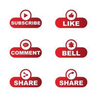 prenumerera knappsamling med flera former. stilfull röd knappsamling med gilla-, kommentars- och dela-ikon. metallisk röd färg sociala medier vektor knapp samling.