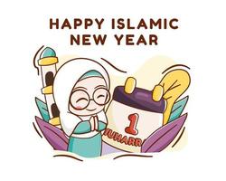 islamisches neujahr mit niedlicher karikaturillustration des muslimischen mädchens vektor