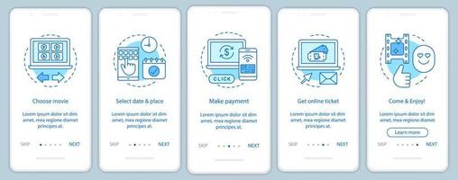 Kino Onboarding Mobile App Seite Bildschirm Vektorvorlage. kinokarten buchen. Filmpremierenveranstaltung. Walkthrough-Website-Schritte, lineare Illustrationen. ux, ui, gui smartphone-schnittstellenkonzept vektor