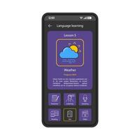 språkinlärning app smartphone gränssnitt vektor mall. mobilapplikationssida svart designlayout. engelska studier, lektionsskärm. platt ui. lyssna, tala, läsa alternativ på telefonens display