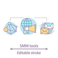 SMM-Tools-Konzept-Symbol. Werbekampagne Idee dünne Linie Illustration. Internet Marketing. digitale Werbung. Vektor isoliert Umrisszeichnung. editierbarer Strich