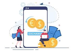 World Currency Exchange Services Cartoon Illustration Online-Wirtschaftsanwendungen für Kryptografie, Euro, Dollar mit Transaktionscode vektor