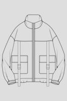 windjacke technische modeillustration skizze, lange ärmel, paspeltaschen. Schablonenvorderskizzenjacke, mit grauem Farbhintergrund. Damen, Herren, Unisex. vektor