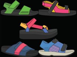 gesetzte Illustration des Modesandalenvektors mit schwarzem Hintergrund. sommer satz schuh von sandalenkarikatur. isolierte set cartoon sommerschuhe. vektor