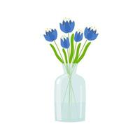 Glasvase mit blauen Blumen. Cartoon-Glasflasche. isolierte Vektorillustration vektor