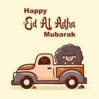 lustiger glücklicher eid al adha-gruß mit illustration von schafen, die einen pick-up-truck fahren