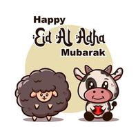 glad eid al-adha roliga hälsningar med får och kor vektor